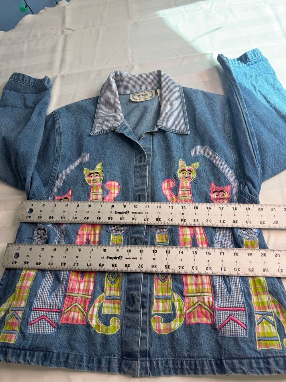 Tantrums Vintage Denim Jacket Cat Appliqué Embroidered Art to Wear Size XL - Picture 6 of 9